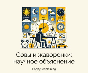 Иллюстрация с элементами циркадных ритмов и человеком, работающим за столом, символизируя сов и жаворонков.