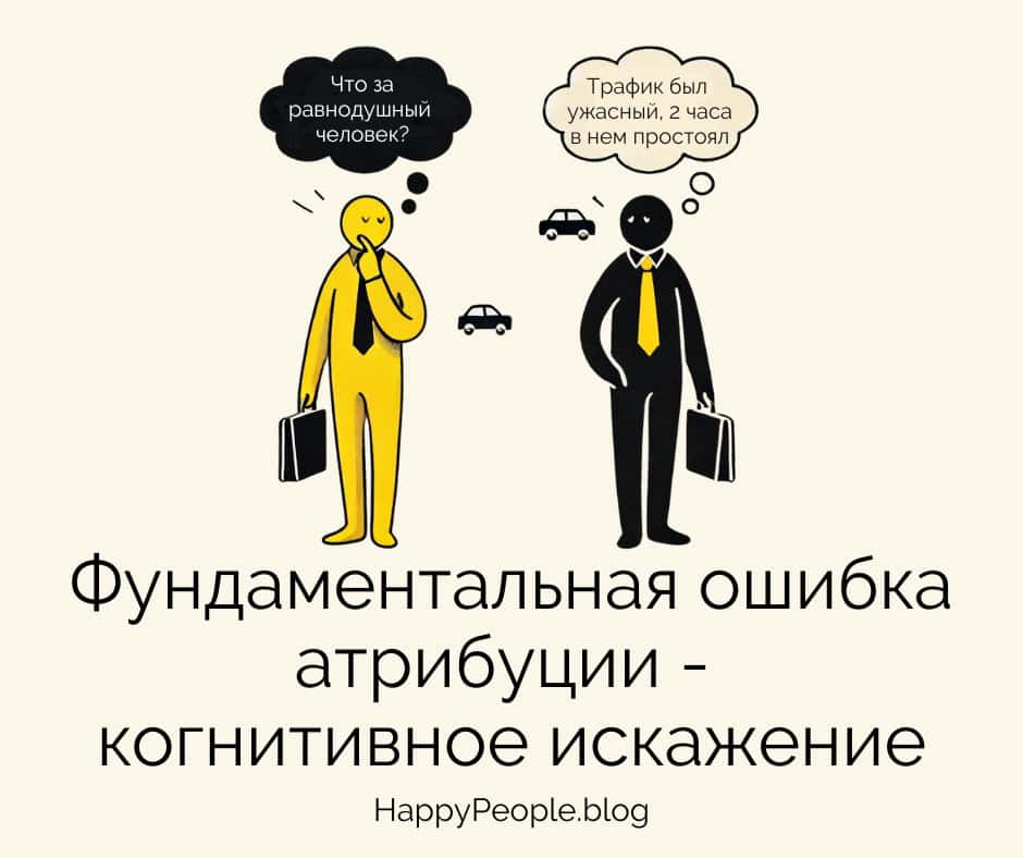 Иллюстрация фундаментальной ошибки атрибуции: человек в жёлтом судит другого за опоздание, а своё объясняет пробками. Два цвета: жёлтый и чёрный.