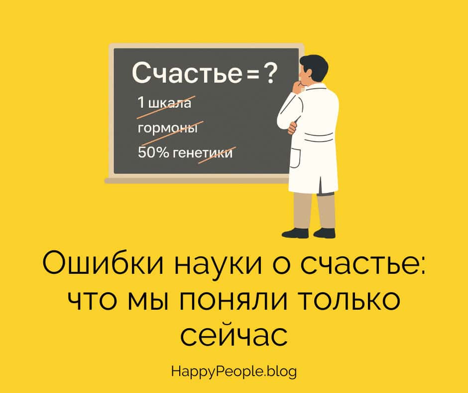 Учёный в халате смотрит на доску с формулой «Счастье = ?», где зачёркнуты старые гипотезы: «1 шкала», «гормоны», «50% генетики»