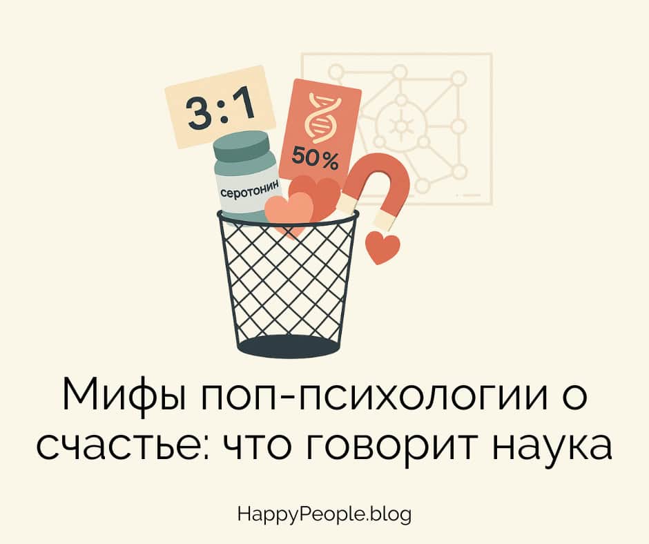 Корзина с мифами о счастье: коэффициент «3:1», ДНК с подписью «50%», баночка «серотонин», сердечки и магнит, на фоне схема счастья.