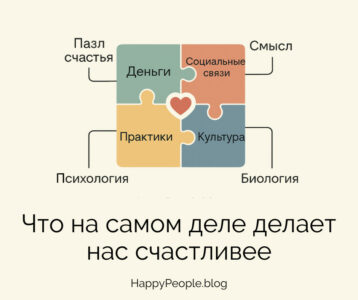 Пазл счастья: деньги, социальные связи, культура, практики, биология, смысл — как взаимосвязанные части счастья.